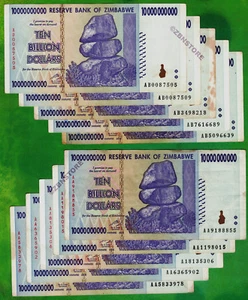 10 x 10 Billion Dollars Zimbabwe Banknotes AA AB 2008 Authentic Currency w/ COA - Picture 1 of 5