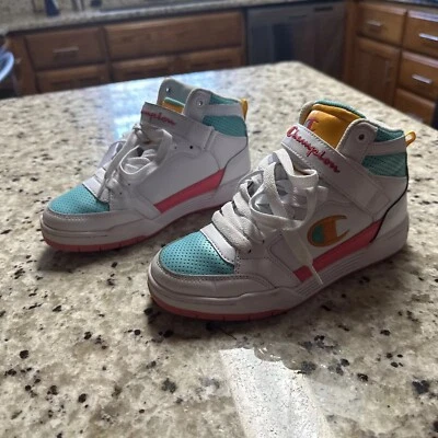 Champion Hi Top White With Pink,teal Basketball Athletic Sneakers Sz 3 Youth - Image 1 of 4