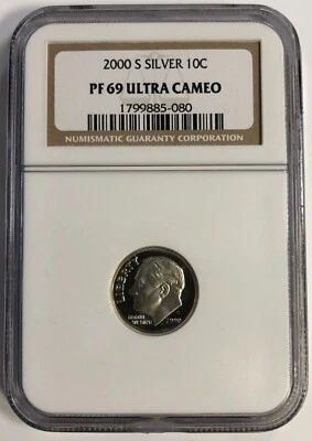 2000 S Silver Proof Roosevelt Dime Graded PF69 ULTRA CAMEO by NGC 1799885-080 - Image 1 of 4
