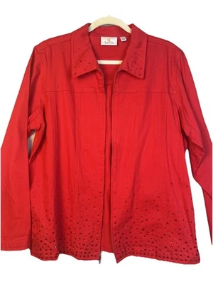 Quacker Factory Jacket Large Jeweled Red Cotton Denim Full Zip Collared Holiday - Image 1 of 4