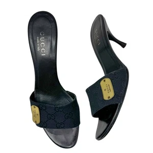 GUCCI Black GG Logo Retro Vintage Slip On Mules Kitten Heels Sandals Size 8.5 - Picture 1 of 10