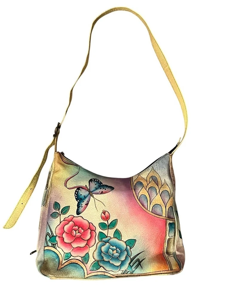 Bolso Bandolera Anuschka Cuero Pintado a Mano Rosas Mariposa Pavo Real Tostado Foto 1 de 4