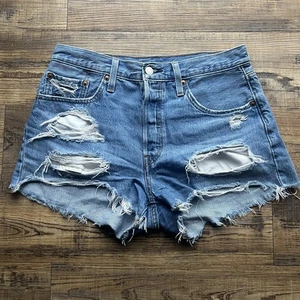 Levi's 501 Damen abgeschnitten Knopfleiste hoher Bund Jeansshorts Used-Look Größe 28 - Bild 1 von 11