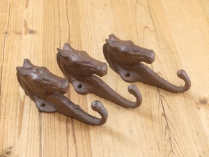3 Horse Head Key Hooks Towel Hat Coat Hanger Rustic Cast Iron Antique Style Farm - Picture 1 of 10