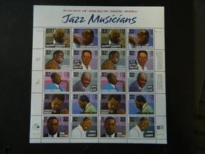 US SC# 2983 - 2992 JAZZ MUSICISTI FOGLIO (PANNELLO) DI 20 FRANCOBOLLI 32 CENTESIMI FACCIA MNH - Foto 1 di 1
