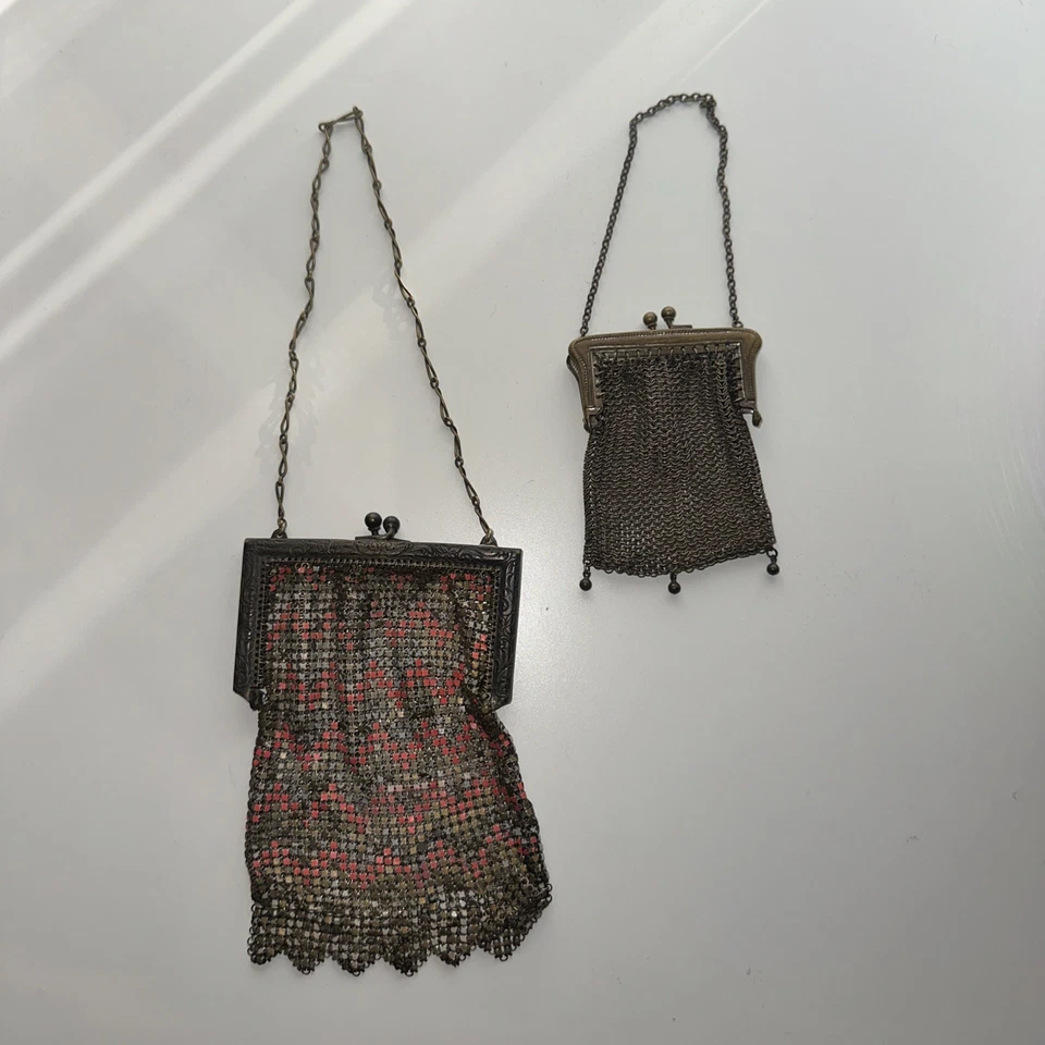 复古古董 批量 花卉艺术装饰 Flapper 搪瓷 银色 金色 金属网眼包 钱包 — 第 1/4 张图片