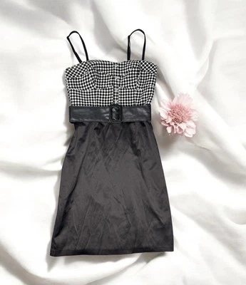 Black White Satin Polka Dot Formal Dress Belted Retro Y2K Goth Punk Dressy 90s 5 - Image 1 of 4