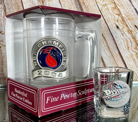 Detroit Pistons 2004 NBA Champions Pewter Logo Mug Beer Stein & Shot Glass Cover