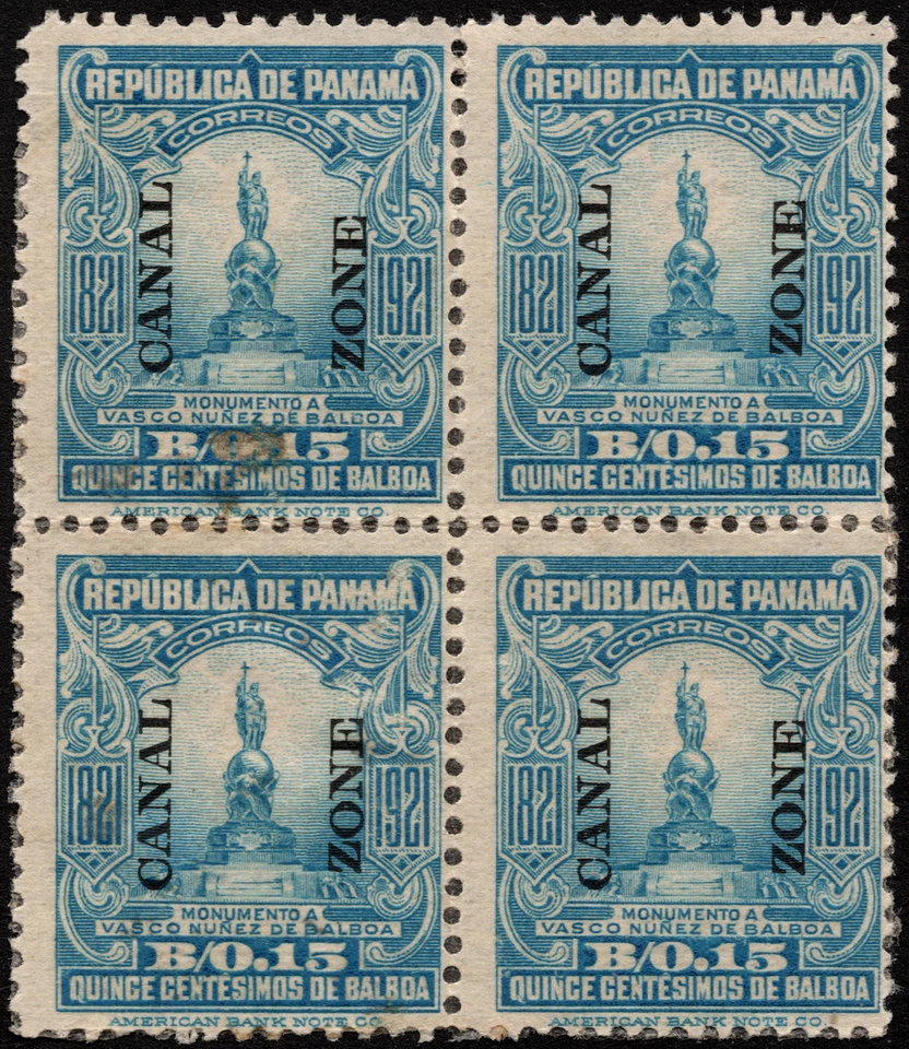 Canal Zone Stamp Scott # 64 Mint Block F-VF 15 Cents Light Blue Statue of Balboa - Image 1 of 1