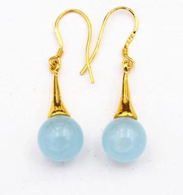 Hermosos Pendientes de Gancho Chapados en Oro Azul Claro Aguamarina Brasil 10mm Foto 1 de 4