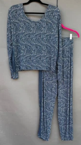 Victoria's Secret L 2 Pc Pajama Set Long Sleeve Stretch Blue Floral Lace Scoop - Picture 1 of 13