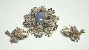 VTG Florenza Beaded Pink-Purple & Opalescent Rhinestone Flower Brooch/Earrings - Picture 1 of 5