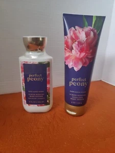 BATH & BODY WORKS PERFECT PEONY BODY LOTION 8 FL OZ & CREAM 8 OZ NEW SET OF 2 - Picture 1 of 5