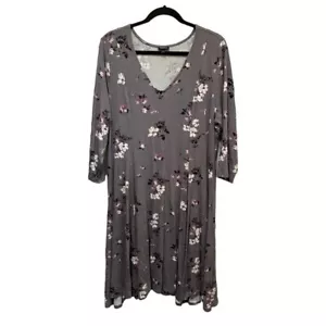 Torrid 2 / 2X Mini Jersey Trapeze Dress Gray Floral 3/4 Sleeve V-Neck Stretch - Picture 1 of 8