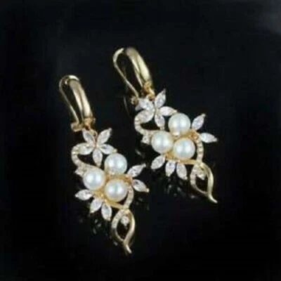 2Ct Round Cut Pearl Diamond Drop/Dangle Women's Earrings 14k Yellow Gold Over - Image 1 of 4