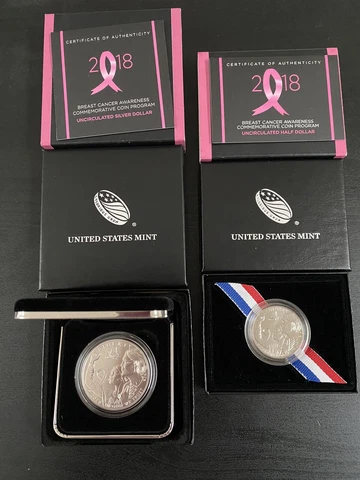 2018 P & D BREAST CANCER AWARENESS UNC SILVER & HALF DOLLAR SET - OGP & COA!! Cover