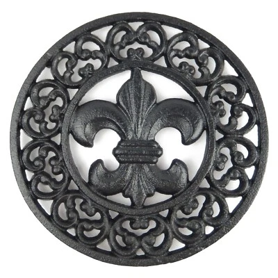 Plato de olla caliente Fleur De Lis de hierro fundido remache floral estilo victoriano negro 7 3/4" Foto 1 de 4