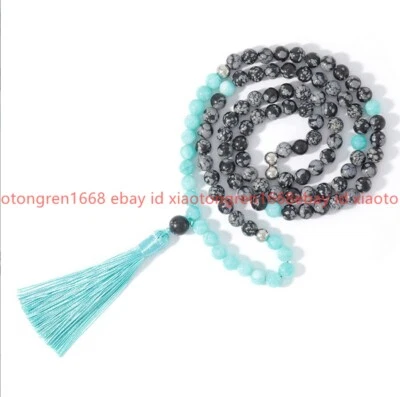 Collar de cuentas de oración budista tibetana 8 mm copo de nieve obsidiana verde amazonita 108 Foto 1 de 4