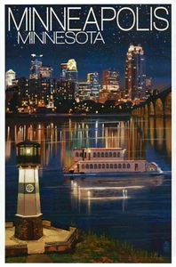 Minneapolis Minnesota Skyline bei Nacht Paddelboot Leuchtturm MN moderne Postkarte - Bild 1 von 2