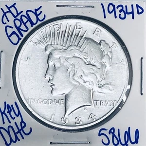 1934 D SILVER PEACE DOLLAR AUTHENTIC HI GRADE U.S. MINT COIN RARE KEY DATE 5866 - Picture 1 of 3