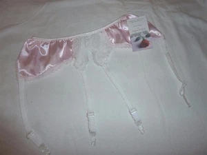 PALE PINK shiny SATIN 4 strap garter SUSPENDER BELT white lace Made in France - Picture 1 of 1