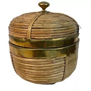Vintage Handcrafted Rattan & Brass Basket With Lid - 8" Diameter - Unique - Picture 1 of 7