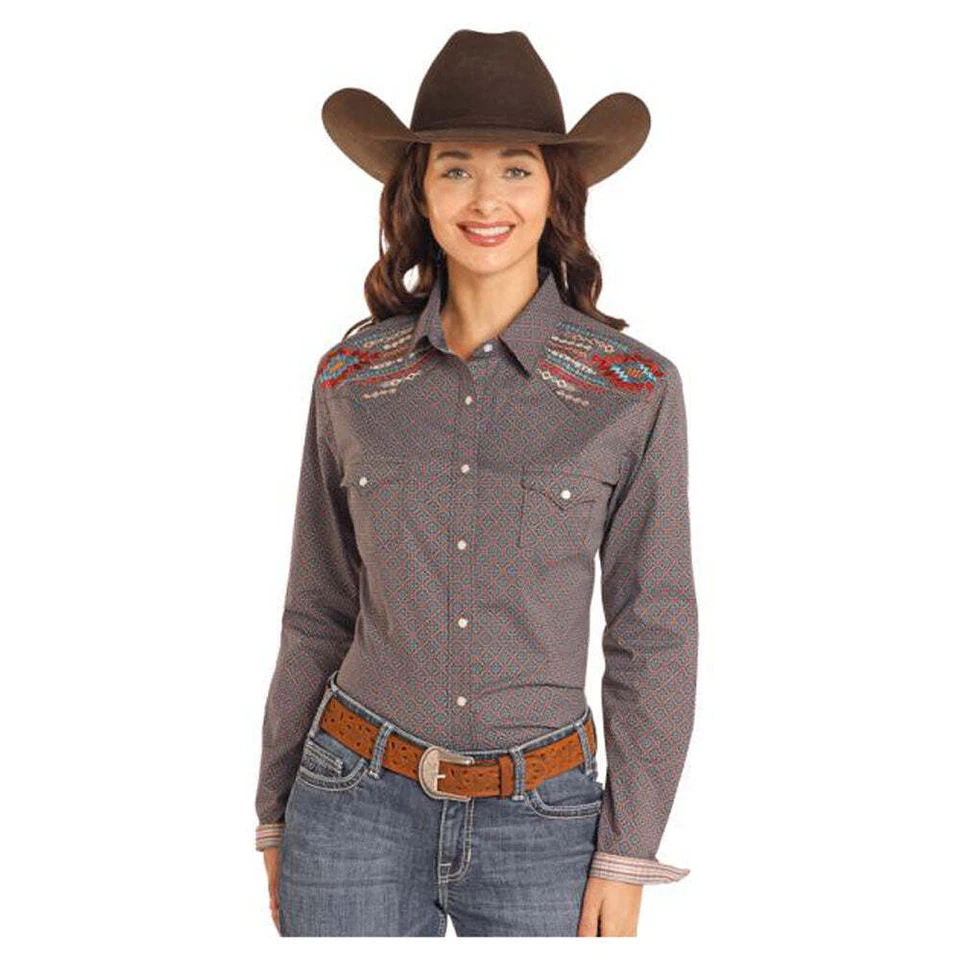 Camisa a Presión RWN2S04597 Panhandle Roughstock Para Mujer LS Western - Estampado Marrón y Azul Foto 1 de 1