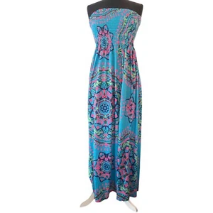 Venus Boho Maxikleid gesmokt trägerlos Sommerkleid bunt Strand Cover Up EUC SM - Bild 1 von 12