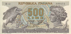  500 Lire Aretusa  20-06-1966  - Numero serie E12  680572 - Imagen 1 de 1