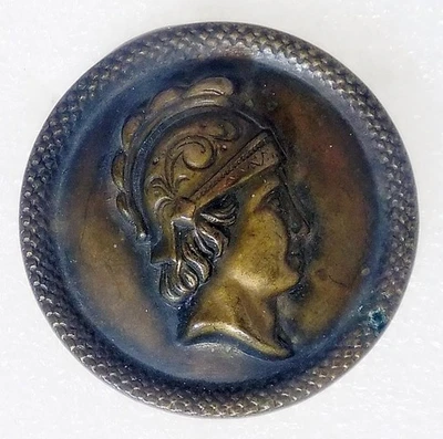 Antique Large Tin Back Button w/ Roman Greek Warrior 1-7/16" Dia. Soldier  GR - Image 1 of 4
