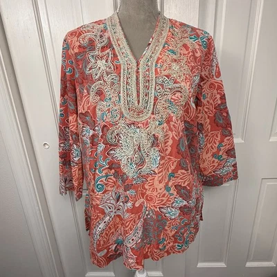 Top túnica Charter Club para mujer color rosa coral bordado bohemio mediano Foto 1 de 4