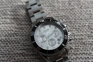 Tevise Mens Quartz Divers Watch Black Bezel Silver Dial Steel Band Chronograph - Picture 1 of 7
