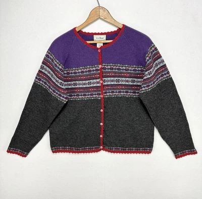Cárdigan Suéter de Lana LL Bean Lambs De Colección Para Mujer Mediano Nórdico Bloque de Color Púrpura Foto 1 de 4