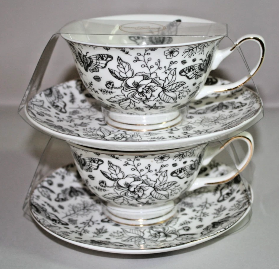 Grace Teaware Tea Cups & Saucers Set of Two, Black Floral Gold Accent New - Image 1 of 3
