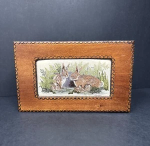J & J CASH England Bunny Rabbits Woven Silk Tapestry Wooden Hinged Jewelry Box - Picture 1 of 14
