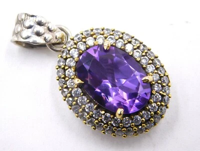 5.9 Gm 925 Sterling Silver Natural Amethyst Gemstone Two Tone Pendant 1.3" M2527 - Image 1 of 4