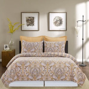 Shay grau & gold Damast 3-teiliges King Quilt Set - Wende - Baumwolldecke + zwei Kissenbezüge - Bild 1 von 3