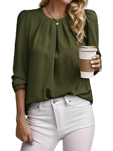 Womens Tops Casual Pleated Crew Neck Long Sleeve Shirts Chiffon Blouses - Picture 1 of 14