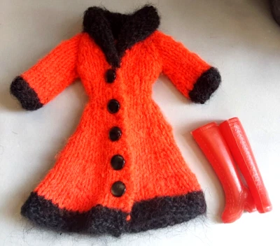 BARBIE  Hand Knit Coat & Boots Orange Fire Red & Black OOAK - Image 1 of 4