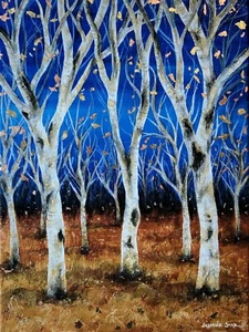Original 9x12 Zoll, Birkenbaum Wald Gemälde, Gold OOAK, Kunst von Jasmin Star - Bild 1 von 8