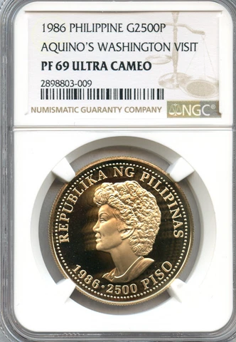 1986 Philippines Gold 2500 Piso Aquino Reagan Visit  Graded NGC PROOF-69 UC Cover