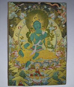 36" silk tapestry embroidery painting Tibetan Buddha Thangka Green Tara Statue