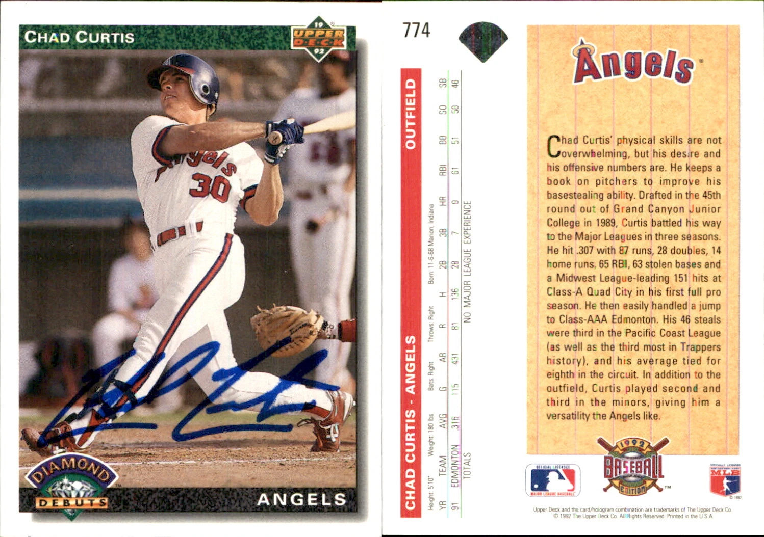 Chad Curtis Signed 1992 Upper Deck #774 Card California Angels Auto AU