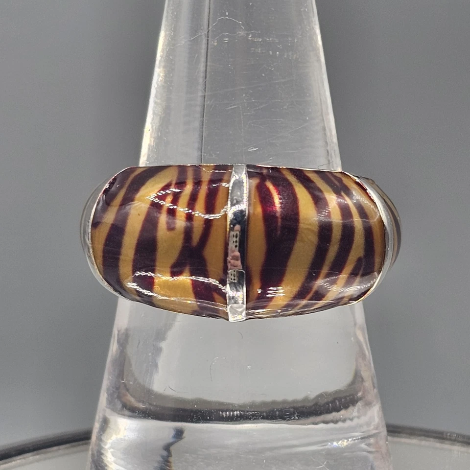 Tiger Stripe Dome Ring Size 8.5 Silver Tone Metal Camille Lucie Animal Print - Image 1 of 4
