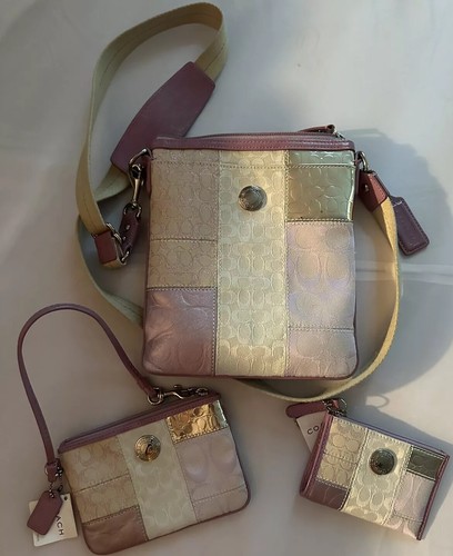 COACH SIGNATURE STRISCE PATCHWORK SWINGPACK CBDY BRACCIALETTO E MINI CUSTODIA PER CARTE