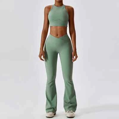 Women Soft Compression Elastic V Cut Ribbed Dance Flare Pants and Bra Set Solid - Image 1 of 4