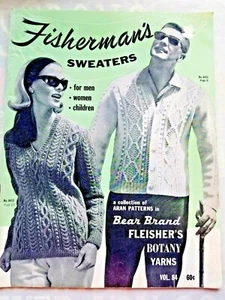 Bear 084 family 14 FISHERMAN SWEATER Aran knit 40pg booklet 1964 Fleisher Botany - Picture 1 of 10