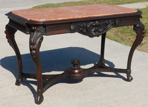 Victorian Rococo Library Table Salmon Colored Marble~~Rosewood Cover