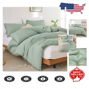 OEKO-TEX Twin Comforter Set - Sage Green with Durable Pom Tassels - 2-Piece - Picture 1 of 9