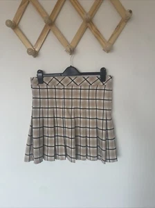 H&M Beige Black Check Pleated Short Mini Skirt, Size 16 - Picture 1 of 8